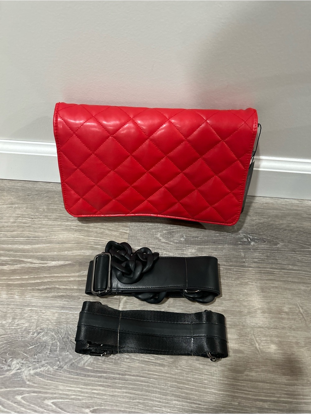 Quilted Red Crossbody Bag with Detachable Black Straps
